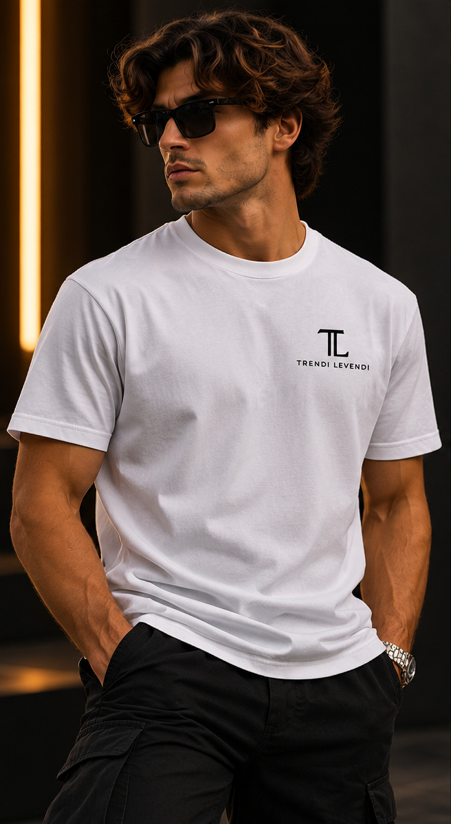 White Trendi Levendi Heavyweight Tee premium studio model front view