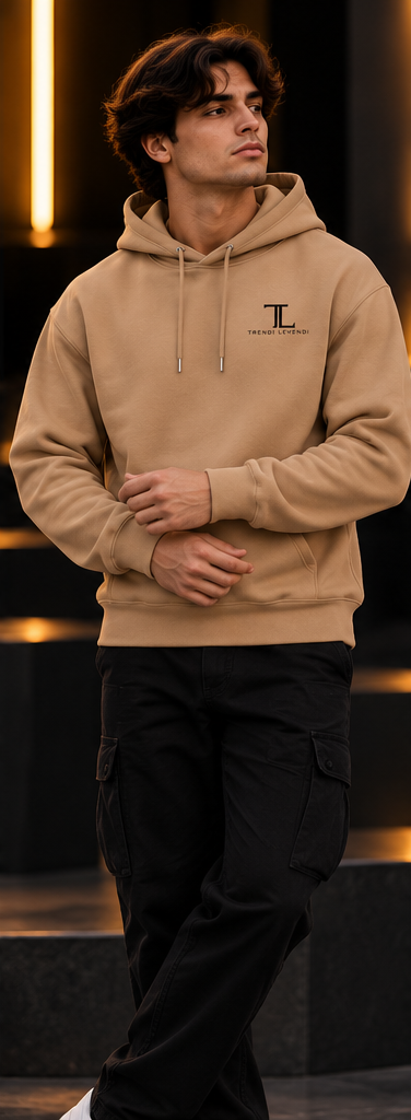 Trendi Levendi Classic Hoodie latte front dark studio model photo