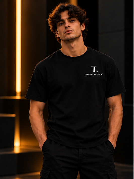Black heavyweight tee on model, premium studio front view